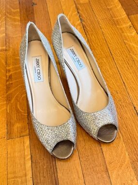 Jimmy Choo Silver Glitter Peep-Toe Heels
